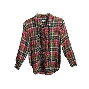 Anthropologie Pilcro Ruffle Tuxedo‎ Button Down Shirt Multicolored Plaid Sz XS
